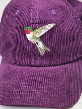 Bird Collective 100% Cotton Purple Corduroy Cap W/ Embroidered Hummingbird Hat